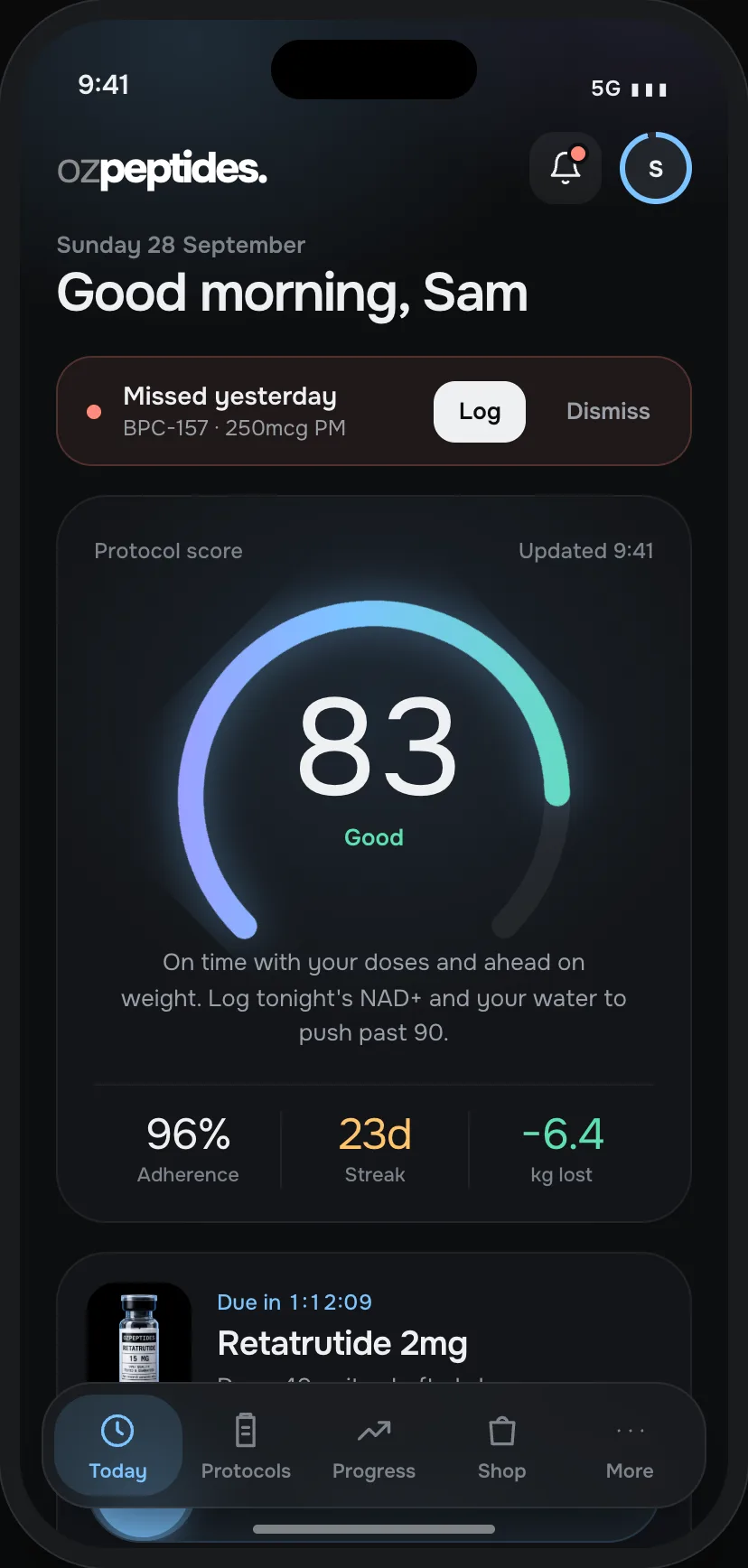 The OzPeptides app Today screen